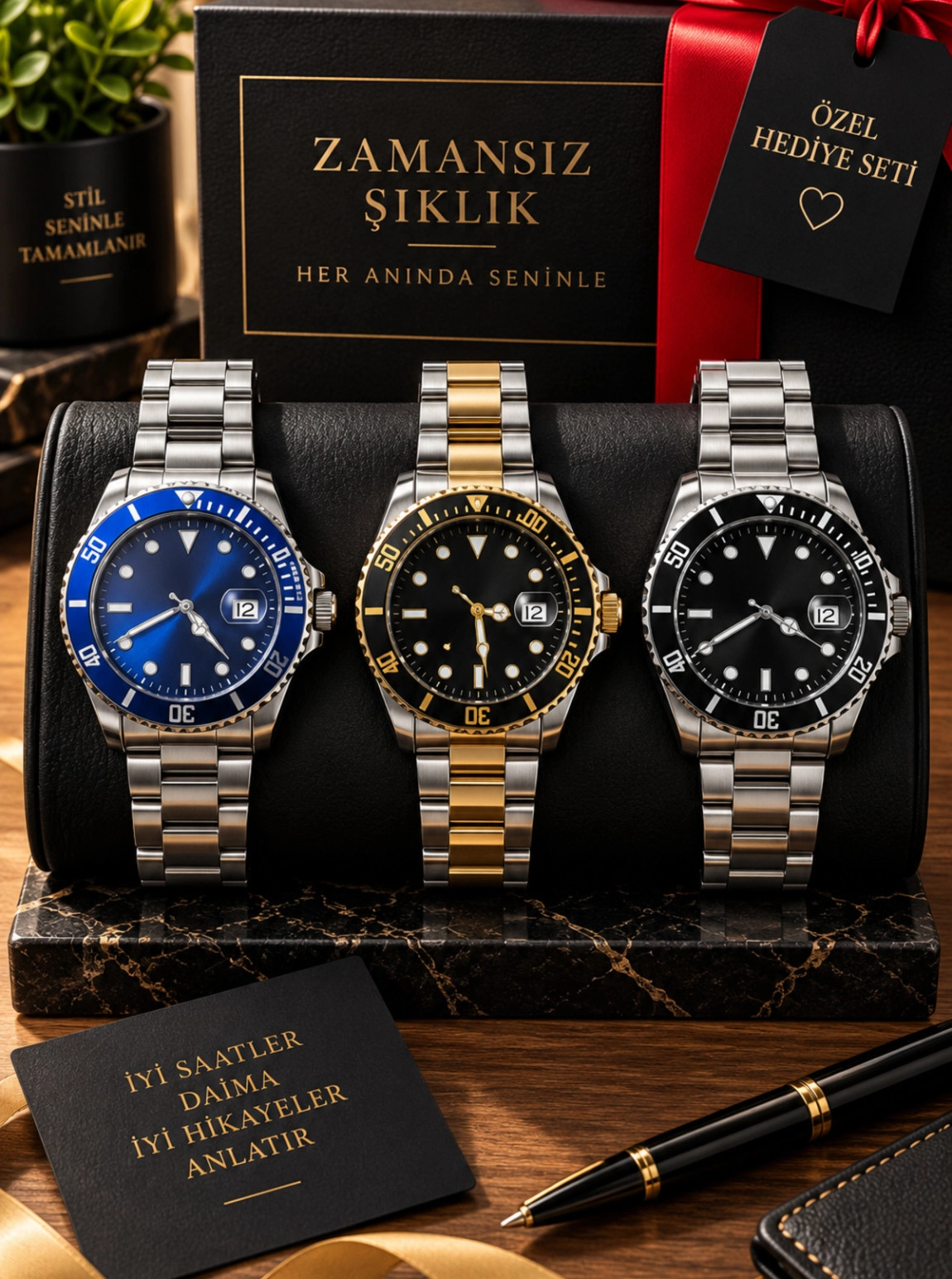Mavi, Siyah Ve Gold Detaylı 3’Lü Erkek Kol Saati – Premium Hediye Seti