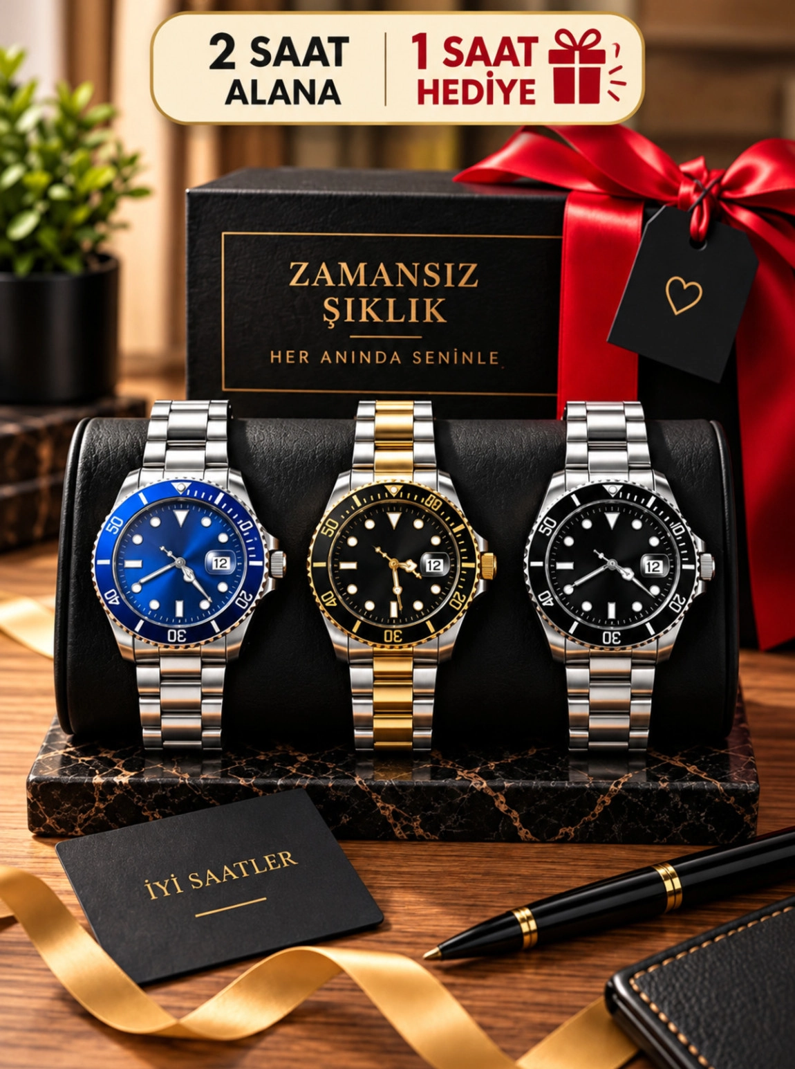 Mavi, Siyah Ve Gold Detaylı 3’Lü Erkek Kol Saati – Premium Hediye Seti