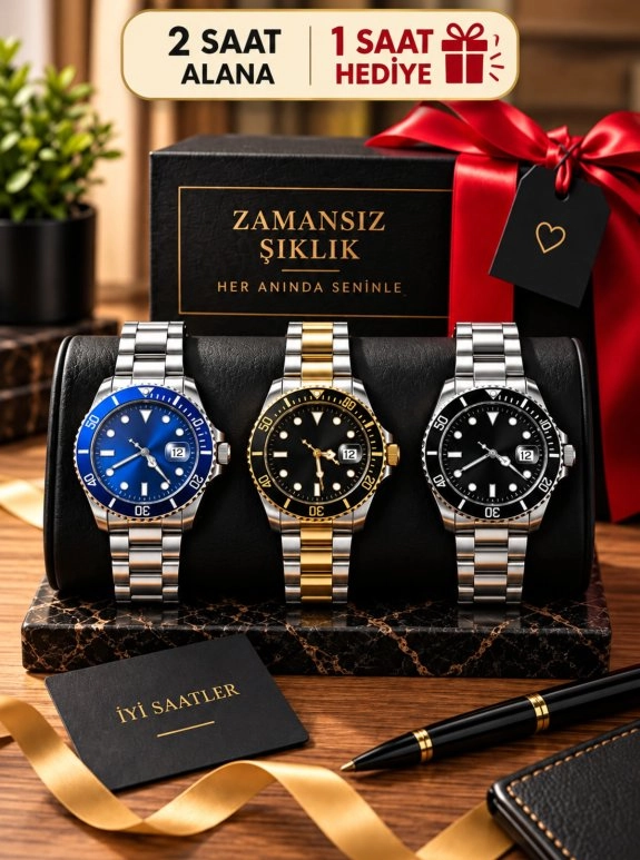Mavi, Siyah Ve Gold Detaylı 3’Lü Erkek Kol Saati – Premium Hediye Seti