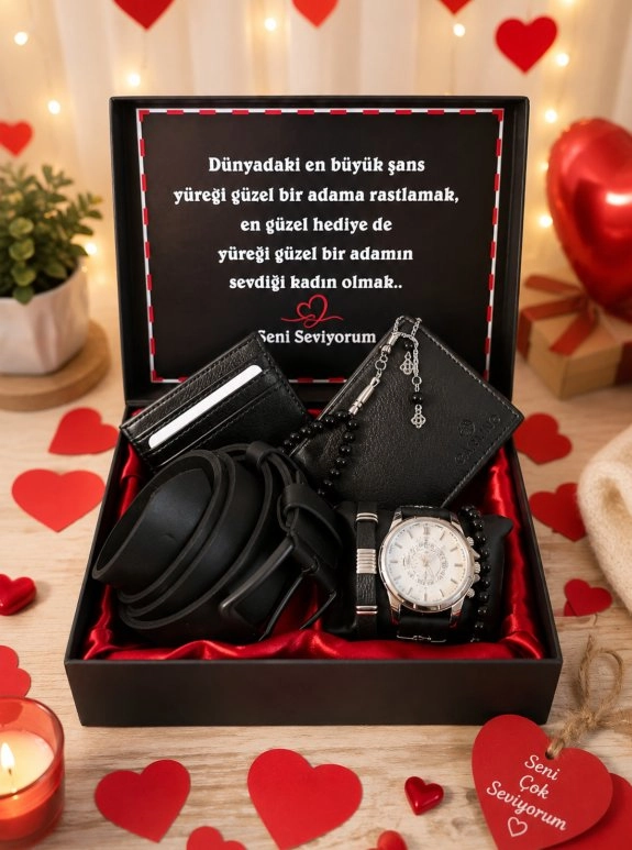Sevgiliye Özel Premium Hediye Seti – Kemer, Cüzdan, Kartlık, Saat, Bileklik Ve Tesbih Hediye Kutusu